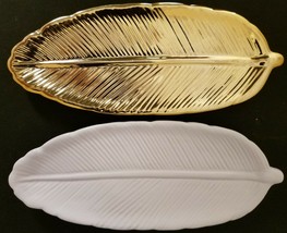 Ceramic Leaf Jewelry Dishes 7”Lx3”Wx 0.5”H, Select: Gold or White - £2.78 GBP