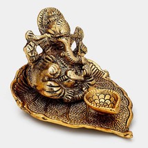 GOD Ganesh Idol on Leaf - Lord Ganesha with Diya - Metal Hand Carved + F... - £23.34 GBP