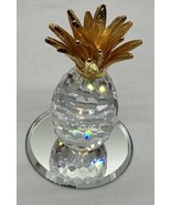 Vintage Crystal Pineapple w/ Gold Colored Leaves &amp; Mirror Base 2.5 Inches - £15.71 GBP