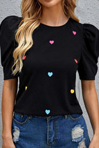 Pink Heart Shape Print Short Puff Sleeve Top - £13.12 GBP