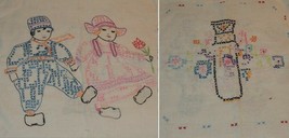 Cross Stitch Pillow Cover 14&quot; Dutch Blue Boy &amp; Pink Girl Vase ANTIQUE / ... - €10,86 EUR