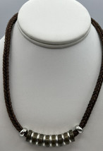Jewelry Necklace Braided Rope Chain Silver Brown Disks Ball Loop Tie 17.5 &quot; Long - £7.61 GBP