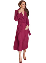 Kate Middleton Inspired Burgundy Belted Long Sleeve Pleated Midi Trench ... - $2,760.94 MXN