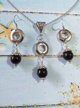 Gothic black Quartz silver jewelry set necklace earrings Silver black Qu... - $52.00