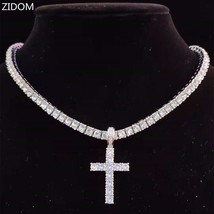 Men Women Hip Hop Cross Pendant Necklace with 4mm Zircon Tennis Chain Ice - £15.15 GBP+