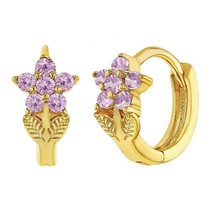 Sparkling Simulated Pink Sapphire Flower Hoop Earrings 14K Yellow Gold Plated - £33.04 GBP