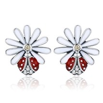Ladybird And Flower Stud Earrings Genuine Sterling Silver 925 With Girls Ladies - £12.90 GBP