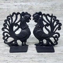 Set of RUSTIC Farmhouse Bookends Black Cast Iron Chicken Hen Rooster Vintage - £23.97 GBP