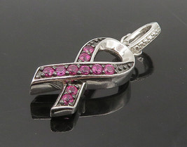 925 Sterling Silver - Ruby Pink Ribbon Motif Shiny 2 Tone Pendant - PT13891 - £26.72 GBP
