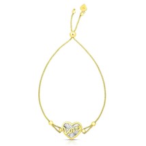 14 Karat Yellow &amp; White Gold Heart Love Charm Bolo Adjustable Bracelet, 9.25&quot; - £276.79 GBP