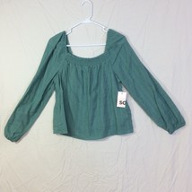 So Women Top Ruched Square Neck Green Lined Long Sleeve Size L NWT Cotton - $16.78