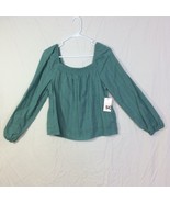 So Women Top Ruched Square Neck Green Lined Long Sleeve Size L NWT Cotton - £13.25 GBP