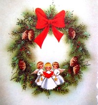 Christmas Greeting Card Glitter Angels Singing Wreath Unused Mid Century... - $12.83