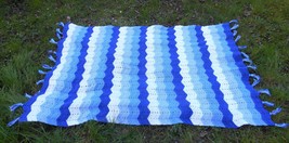 Vintage Afghan Blanket 48 x 70&quot; Blue White Crochet Tassles Zig Zag Ombre Acrylic - £37.17 GBP