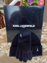 Karl Lagerfeld Paris Cable Knit Beanie Hat &amp; Gloves - Black Emblem (New in Box) - £42.69 GBP