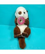Brown Sea Otter Holding Eating Pink Doughnut Plush Stuffed Animal 12&quot; Wh... - $24.74