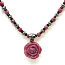 Vtg Carolyn Pollack Sterling Rhodonite Carved Rose Pendant Bead Necklace sz 20&quot; - £109.00 GBP