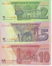 Zimbabwe 3 note set 2 + 5 + 10 Dollars  2020 UNC # 5 - $7.91
