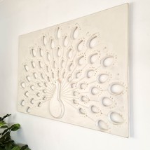 Hand Carved Wooden Peacock Wall Art - Unique Decorative Distressed White Shabby  - £200.18 GBP