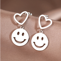 316L Stainless Steel Smiley Face Heart Drop Stud Earrings - Gold, Silver - £7.90 GBP