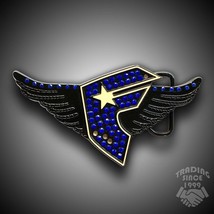 FSAS Famous Stars And Straps Belt Buckle F With Wings Rhinestones Blue And Black - £20.45 GBP
