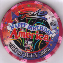 Happy Birthday America 4th of July 2002 $5 Limited Edition RIO Las Vegas Chip - £8.78 GBP