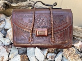 Vintage Brown Hand Tooled Leather Clutch Purse Boho,Fun Toggle Handle Me... - $54.31 CAD