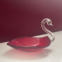 Vintage 1960&#39;s Ruby Red and Clear Glass Swan Bird Candy Dish Trinket Mid... - $9.49