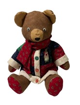 Handcrafted Christmas Teddy Bear 18&quot; Multicolored Sweater Scarf Stuffed Tree Vtg - $20.11