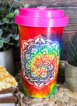 Sacred Rainbow Tie Dye Mandala Flower Reusable Travel Mug Cup W/ Lid And Sleeve - £15.70 GBP