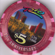 13th Anniversary $5 Limited Edition Rio Hotel Las Vegas Casino Chip, vintage - $10.95