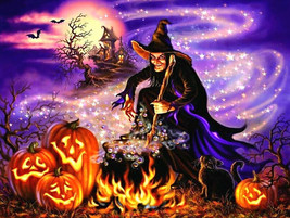 Halloween Witch Jigsaw Puzzle 1,000 Pieces Jack o Lanterns Pumpkins Cauldron Cat - £14.73 GBP
