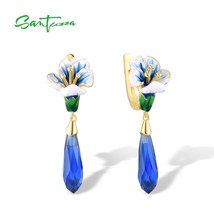 Pure 925 Sterling Silver Drop Earrings For Women Sparkling Blue Stones Enamel Fl - £51.14 GBP