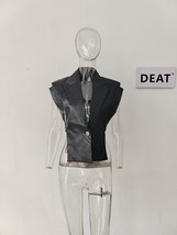 DEAT Fashion Women&#39;s Vest Notched Collar Metal Single Button Sleeveless PU Leath - £40.86 GBP