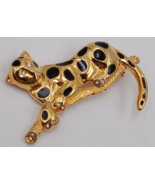 Vintage 2.5&quot; Resting Jaguar Brooch Pin Gold Tone White Rhinestone Black ... - £12.58 GBP