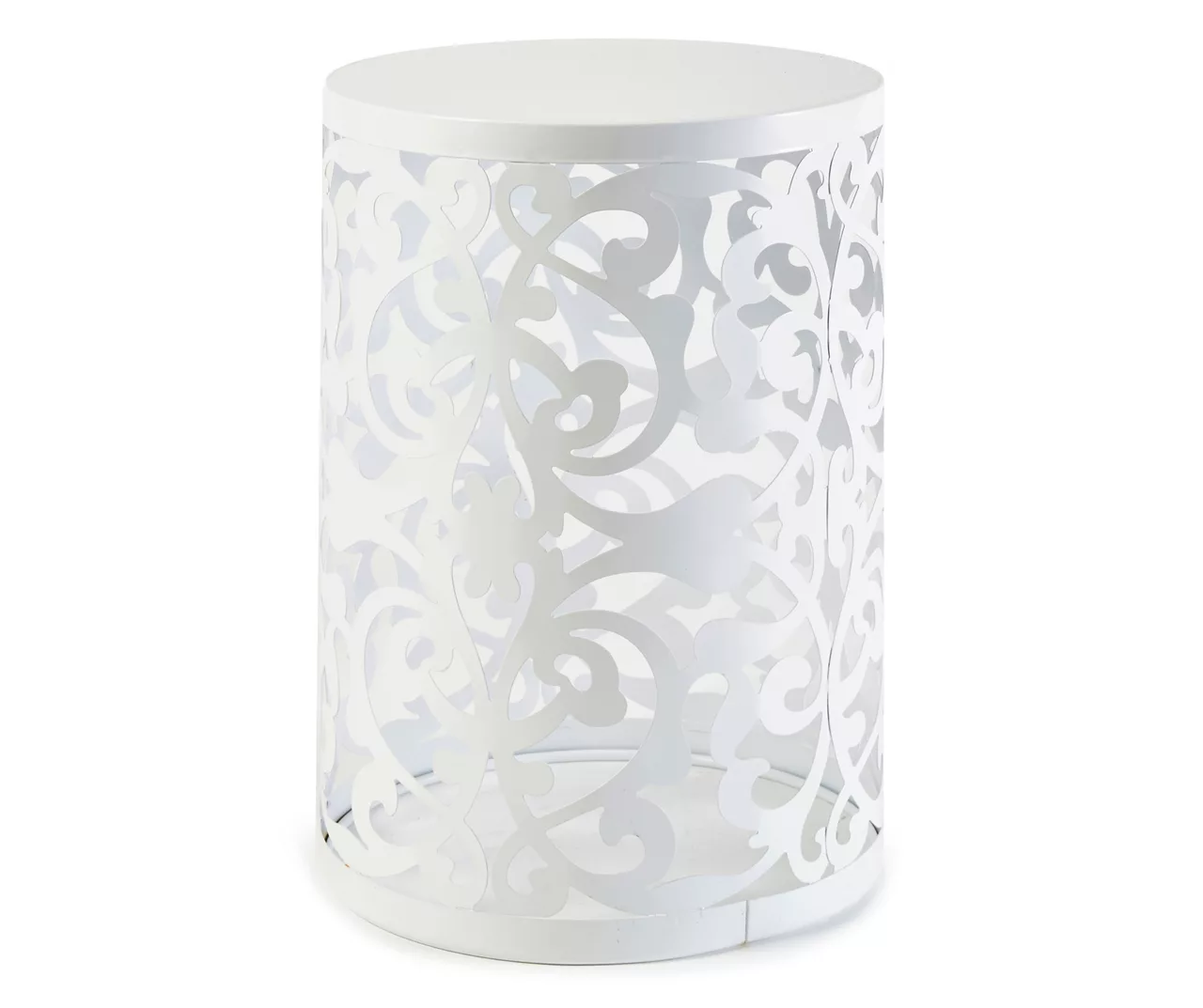 NEW White Botanical Cut Out Scroll Metal Drum Garden Table 14x20 in. out... - $24.95