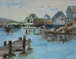 Cathy Williams Boat Dock Lake Water Color Painting Jack Fish Harbor Ontario Vtg - £124.74 GBP