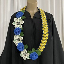 Graduation Money Lei Flower Crisp Bills Blue &amp; Yellow Gold Four Braided Ribbons - £59.87 GBP