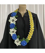 Graduation Money Lei Flower Crisp Bills Blue & Yellow Gold Four Braided Ribbons - $75.00