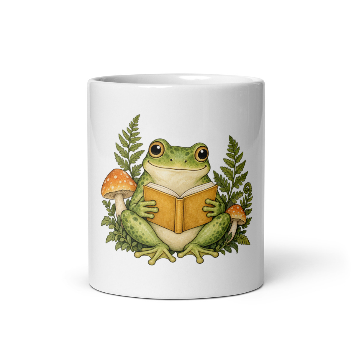 Digital mockup of Reading Frog Mug - White Ceramic Coffee Cup 11 oz - Book Lover Gift