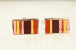 Vintage Mens Jewelry Cuff Links Striped Enamel Pink Maroon Silver Tone M... - $19.79