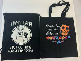 2x Cotton Canvas Tote Drawstring Bags - Mom Life Poco Loco, Mama Llama Drama - £7.03 GBP