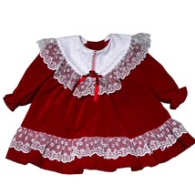 Vintage Girls Sz 24 months Red Thick Velvet Party Dress w/ Lace Details - £26.36 GBP