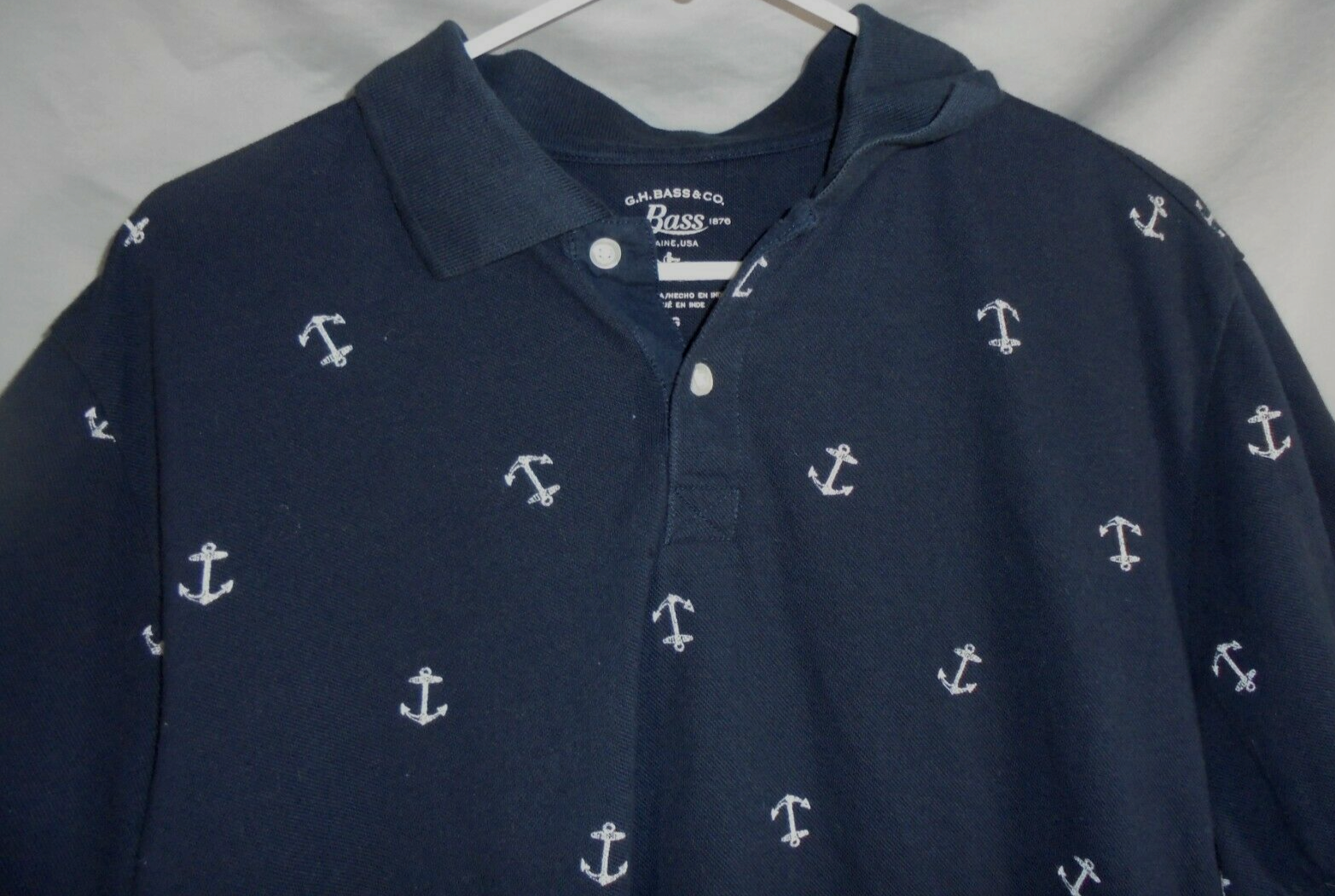 GH Bass & Co Men's size Large Navy Blue White Anchors Nautical Polo Shirt S/S Item image 2