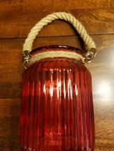 Decorative Hanging Jar ~ Red ~ Glass ~ 4.5&quot; x 6&quot; ~ Rope Handle ~ Candleholder - £17.93 GBP