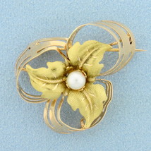 Hand Crafted Custom Design Pearl Leaf Pin in 18K Yellow and Rose Gold - £390.31 GBP