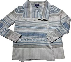 Chaps Petite Large PL Cardigan Long Sleeve Sweater Open Front Beige Blue - $7.83