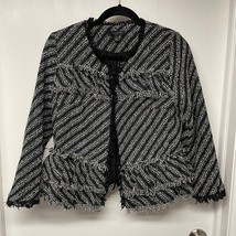 Ann Taylor Black White Striped Tweed Fringe Jacket Womens Size 8P Petite - £29.63 GBP