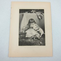Antique 1800s Victorian Engraving Print Little Girl &amp; Dog Unwilling Part... - $19.99