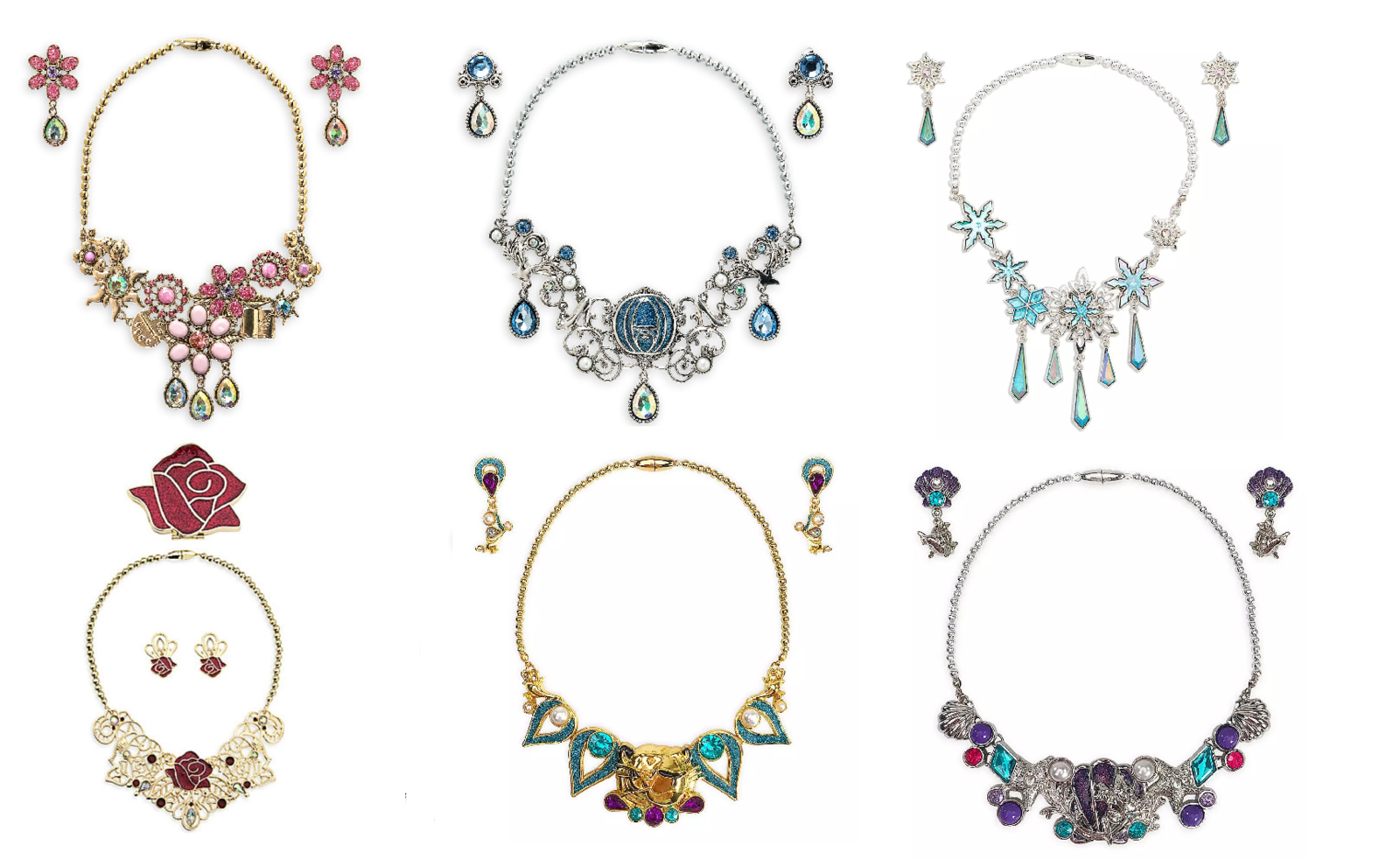 Disney Store Costume Jewelry Set Belle Rapunzel Cinderella Ariel Jasmine New